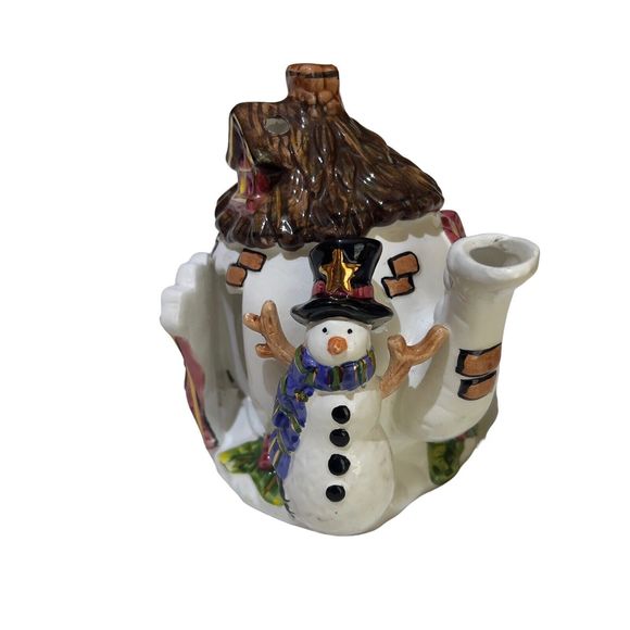 Christmas Dazzle Ceramic Teapot House Tea Light Candle Holder Snowman 9x6x5.5 - Picture 8 of 12
